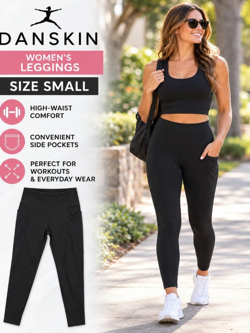 Danskin Women's Black High-Waisted Athletic Leggings with Pockets | Small